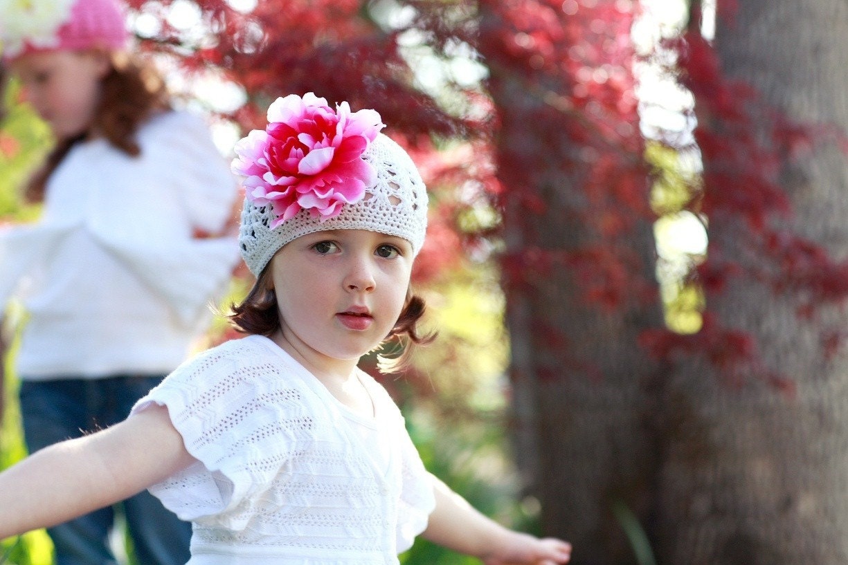 Valentine's Collection- Sweet and Sassy White Toddler Beanie Adorned With A Beautiful Hot Pink Peony Flower Clip (HBTM)