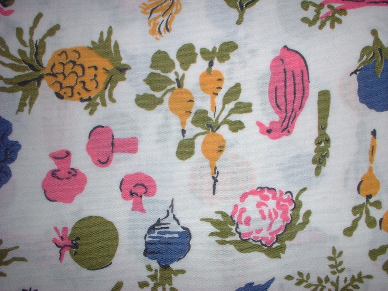 Vintage 60s Kitchen Fabric... Little Mushrooms Cute Kitchen Veggies Turnips...