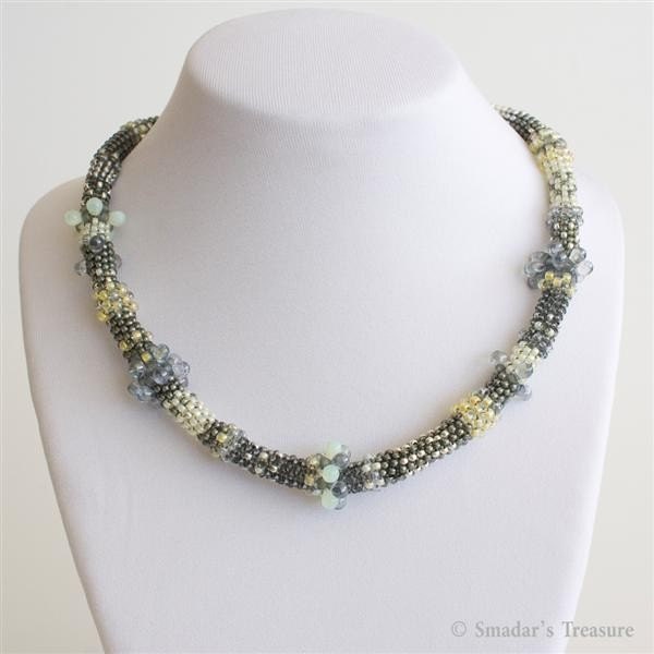 Grey and Yellow Freeform Beadwoven Necklace with Shell Pendant