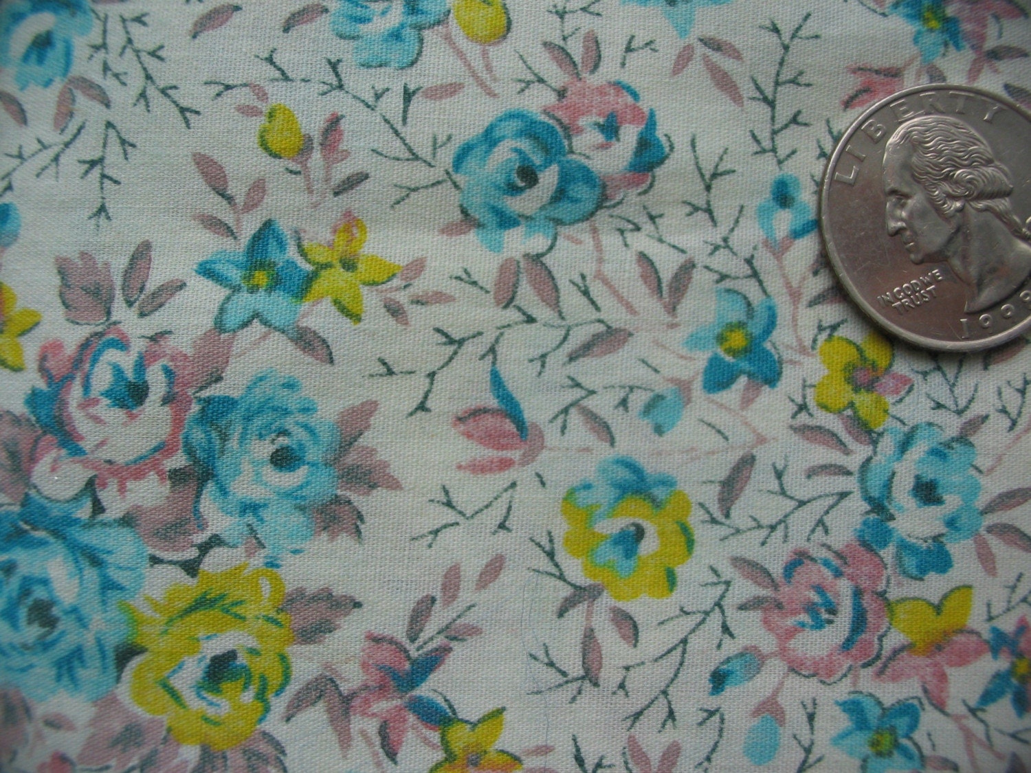 Vintage 1970s 1960s Calico Quilt Fabric Aqua Blue Pink and Yellow  Roses on Light Aqua 18 inches 45.7 Centimeters