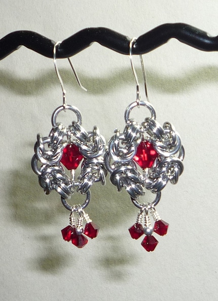 Chainmaille Earrings with Red Crystal Beads by TheBeadedHeart