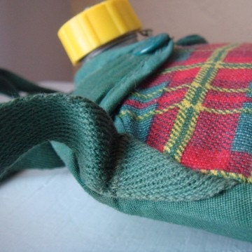 Canteen Girl...Scout, Vintage Silver Girl Scout Canteen with Green, Red, and Yellow Plaid Fabric Cover with Strap