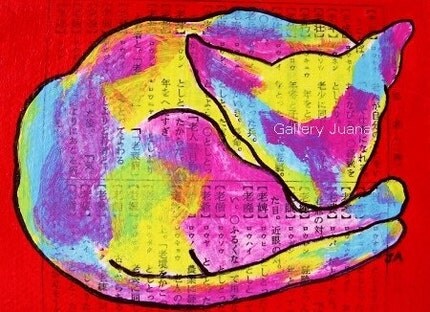 Rainbow Cat I, small mixed media painting by Gallery Juana