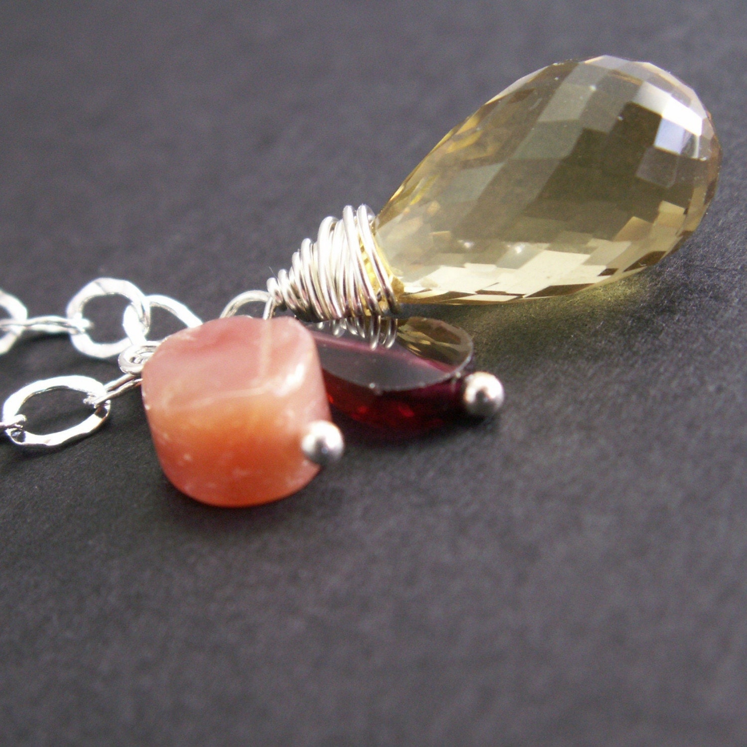 handcrafted jewelry necklace whiskey quartz pink opal garnet