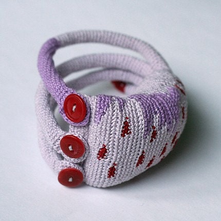 Lavender crochet cuff with red dots