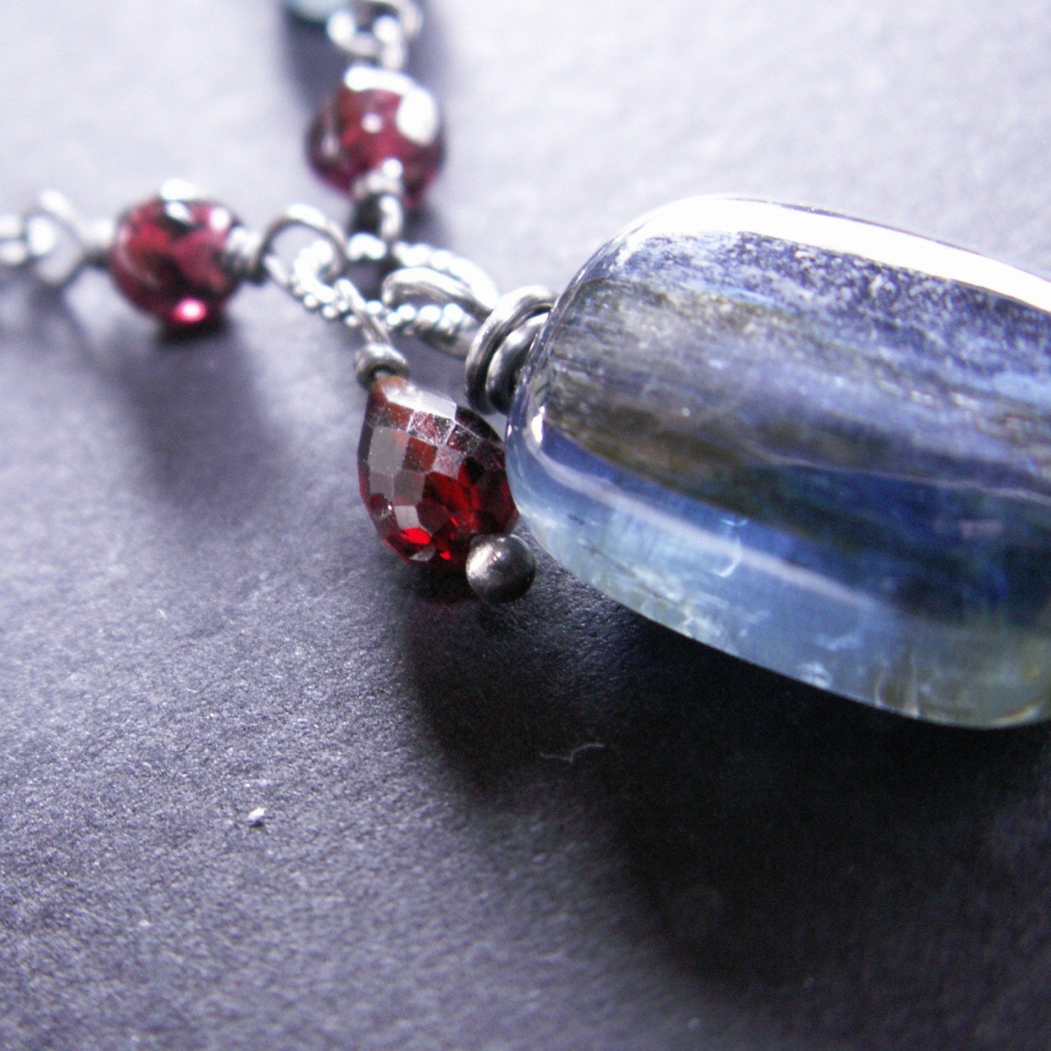 handcrafted jewelry necklace sterling silver oxidized kyanite garnets