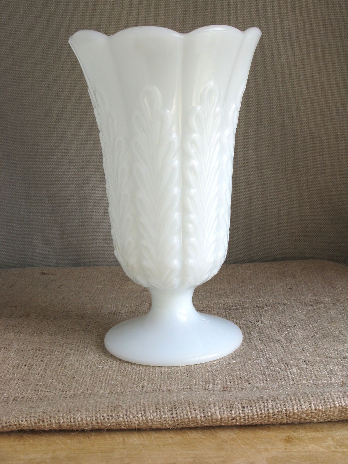 Scalloped Edge Milk Glass Vase with Pressed Leaf Pattern