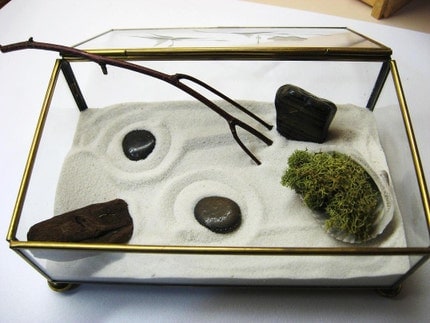 Zen Garden Terrarium with Moss Inside of a Vintage Glass Box with Etched Butterfly