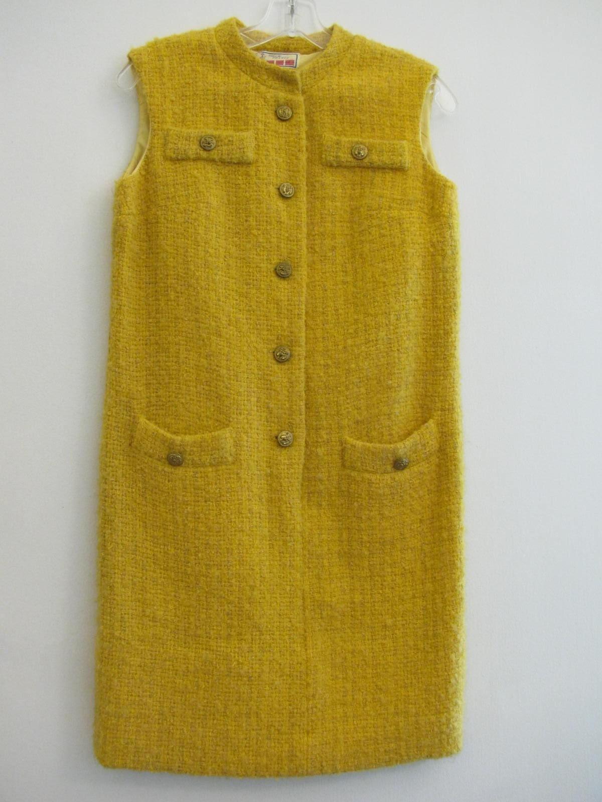 1960s mustard sleeveless boucle dress