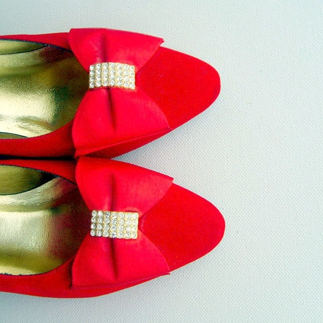 Vintage 80s Lipstick Red Pumps With Rhinestone Bow Ties 6.5
