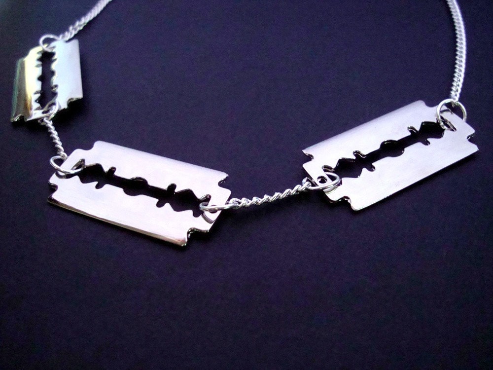 TRIPLE THREAT Large Silver Razorblade Necklace