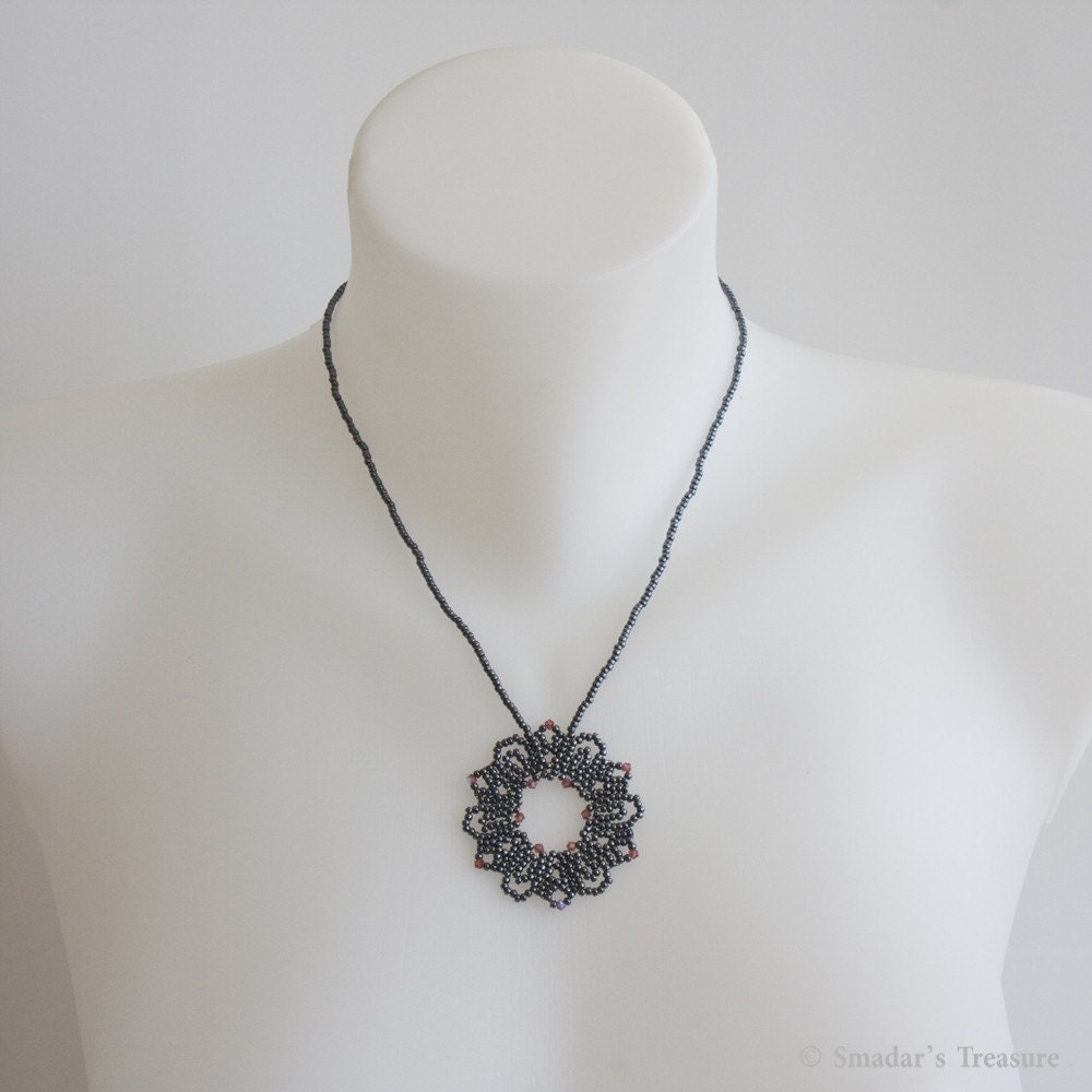 Metallic Blue Necklace with Beadwoven Flower Pendant