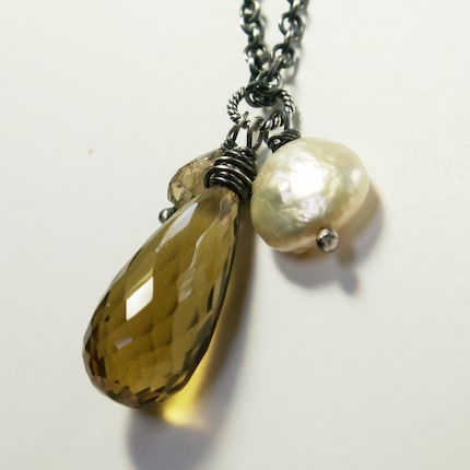 handcrafted jewelry necklace sterling silver whiskey quartz coin pearl tourmaline golden