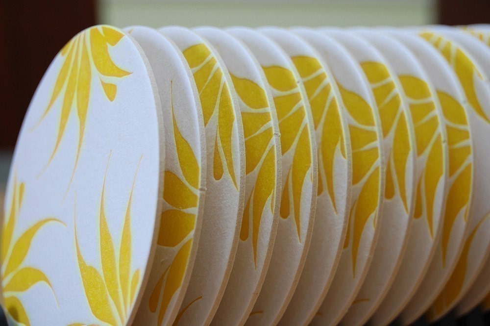 yellow flower pattern letterpress coaster, set of 8