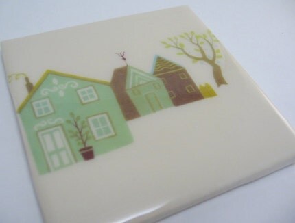 Houses in Green Tile Coaster