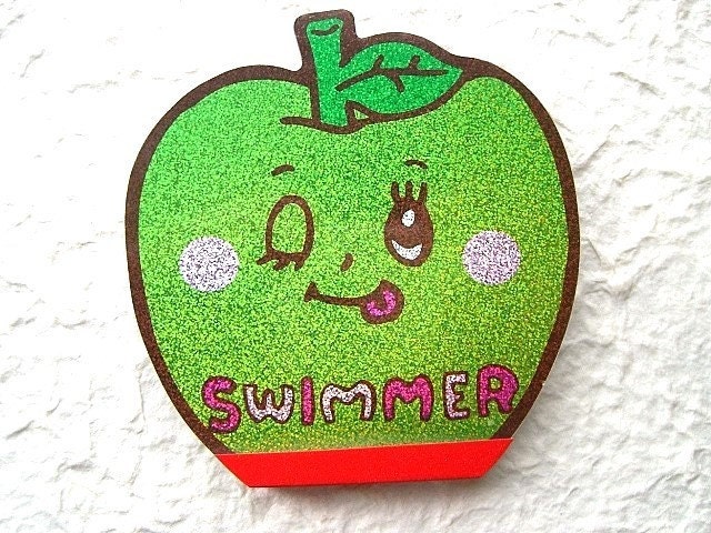 Kawaii Cute Japanese Anime Memo Pad - Swimmer - Cute Glittery Smiling Apple Girl GREEN