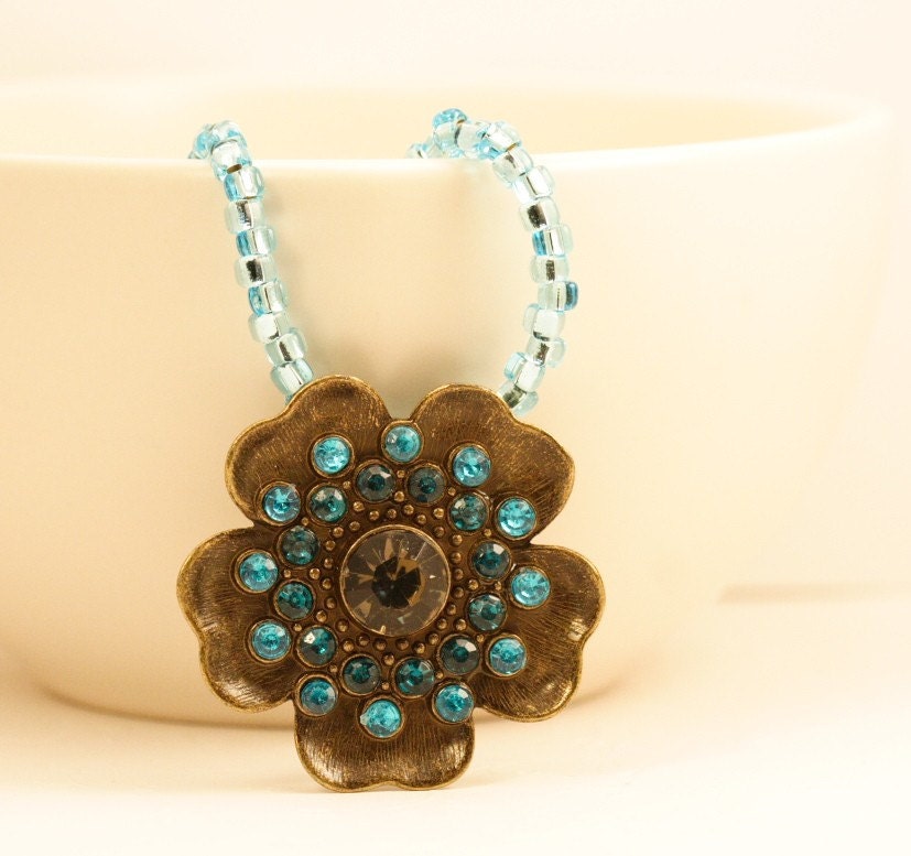 Turquoise Blossom Brass Jeweled Necklace