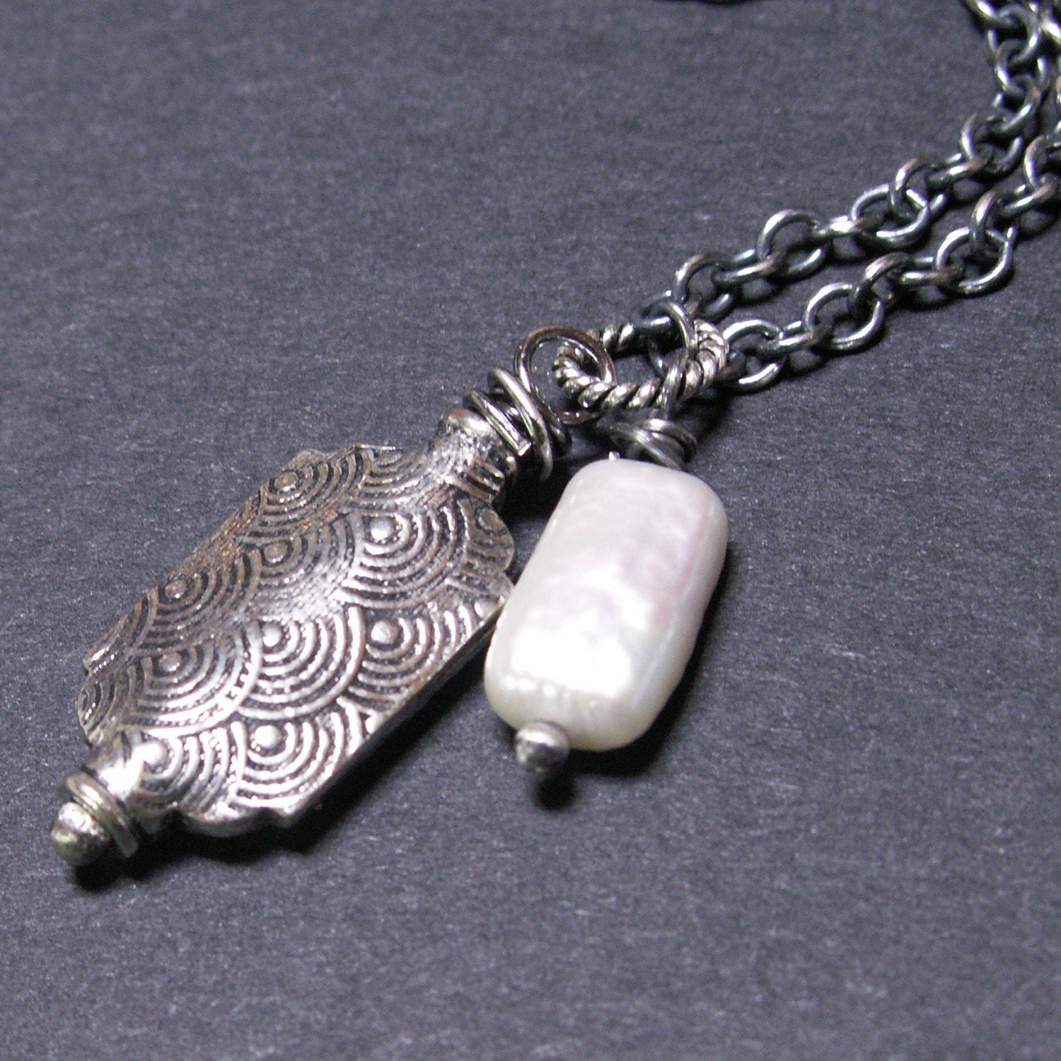 handcrafted jewelry necklace sterling silver oxidized white pearl textured bead