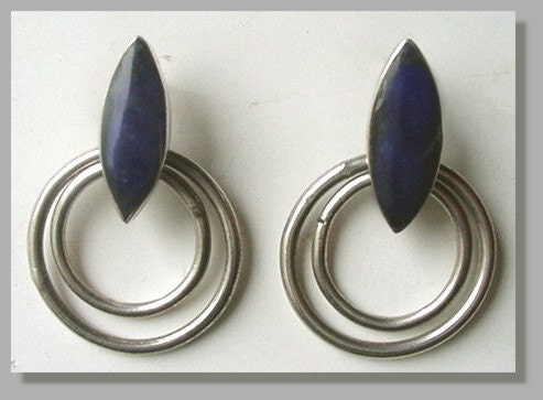 Vintage Sterling Silver Earrings With Deep Blue Malachite