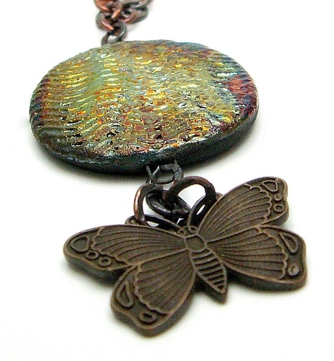 Brass Butterfly Raku Necklace...Raku Jewelry by MAKUstudio