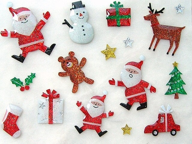 Santa Claus Snowman Deer Bear and Christmas Tree - Cute Japanese Glittery Stickers - Christmas in July (S598)