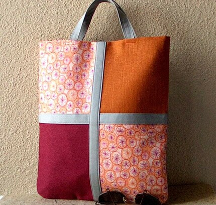 AandV Tote Clutch Handbag- Fold Over Style- Orange Burgundy and Light Gray
