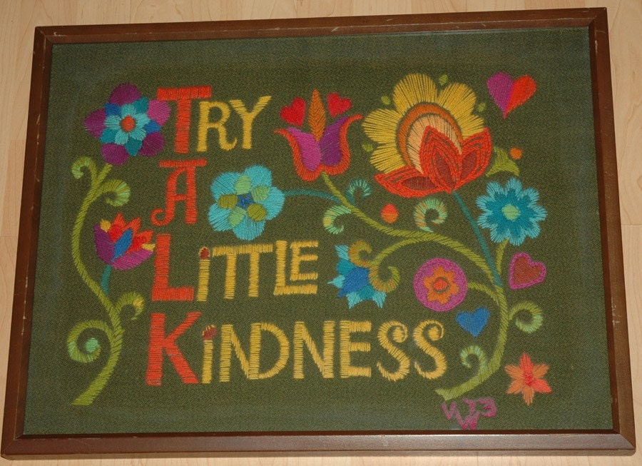 Try A Little Kindness VINTAGE RETRO 70s CREWEL ART FRAMED 18x24