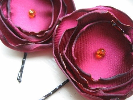 Ruby Satin Flower Hair Pins - FREE SHIPPING