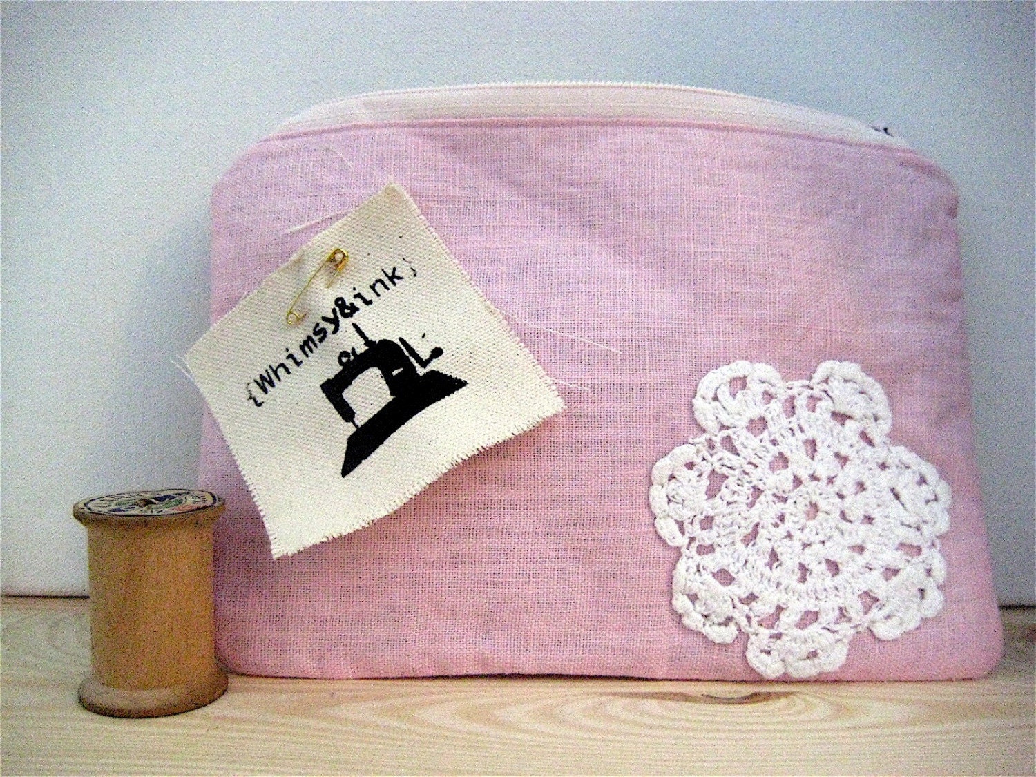 Pretty Pink Linen Zippered Pouch with Vintage Doily Handstitched Applique