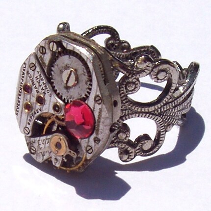 Beautiful Silver Steampunk Ring Parker Co Watch Movement with Indian Pink 