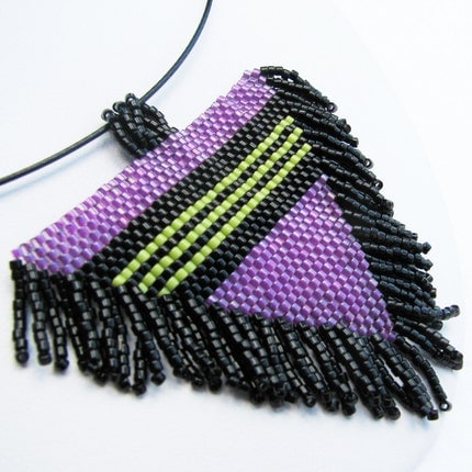 Striped and Fringed Beadwoven Magenta Triangle Pendant (2413)