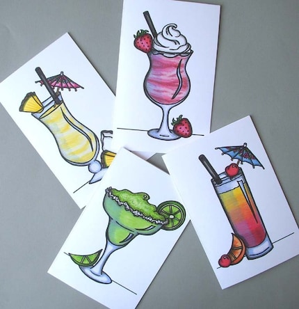 Fun Tropical Drink Note Cards - Set of 8
