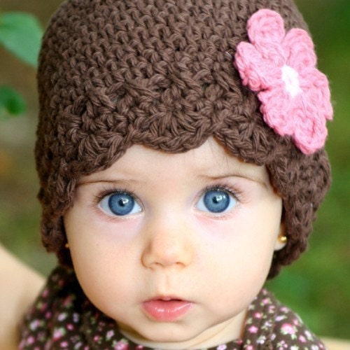 3-6 Month Daisy Flapper Beanie - chocolate, pastel pink, rose pink