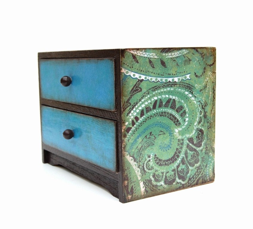 Blue and Green Paisley Altered Wooden 2 Drawer Trinket or Jewelry Dresser Box