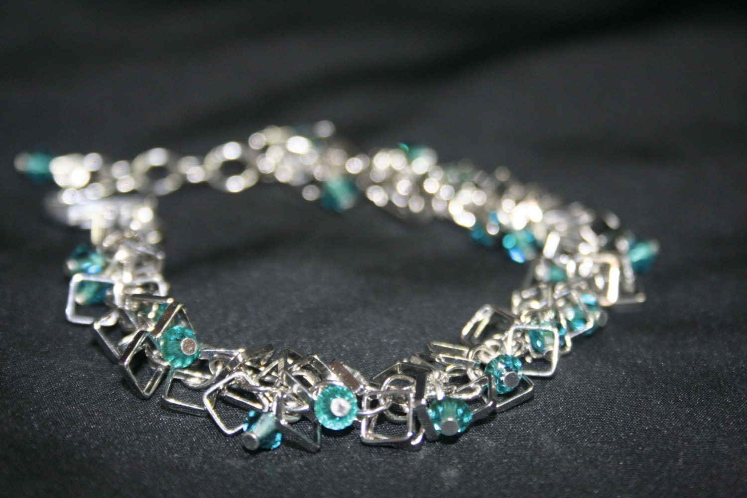 Silver Circles and Squares Charm Crystal Bracelet