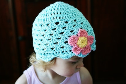 Flower and Shells Beanie in Robins Egg Blue, Toddler and Child Sizes