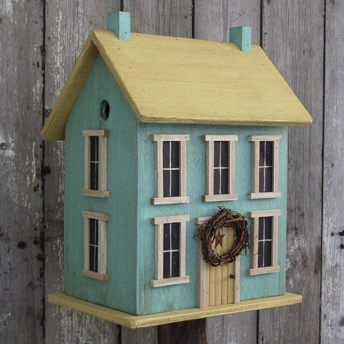 BIRDHOUSE SALTBOX YELLOW and ROBIN EGG BLUE 2 COMPARTMENTS