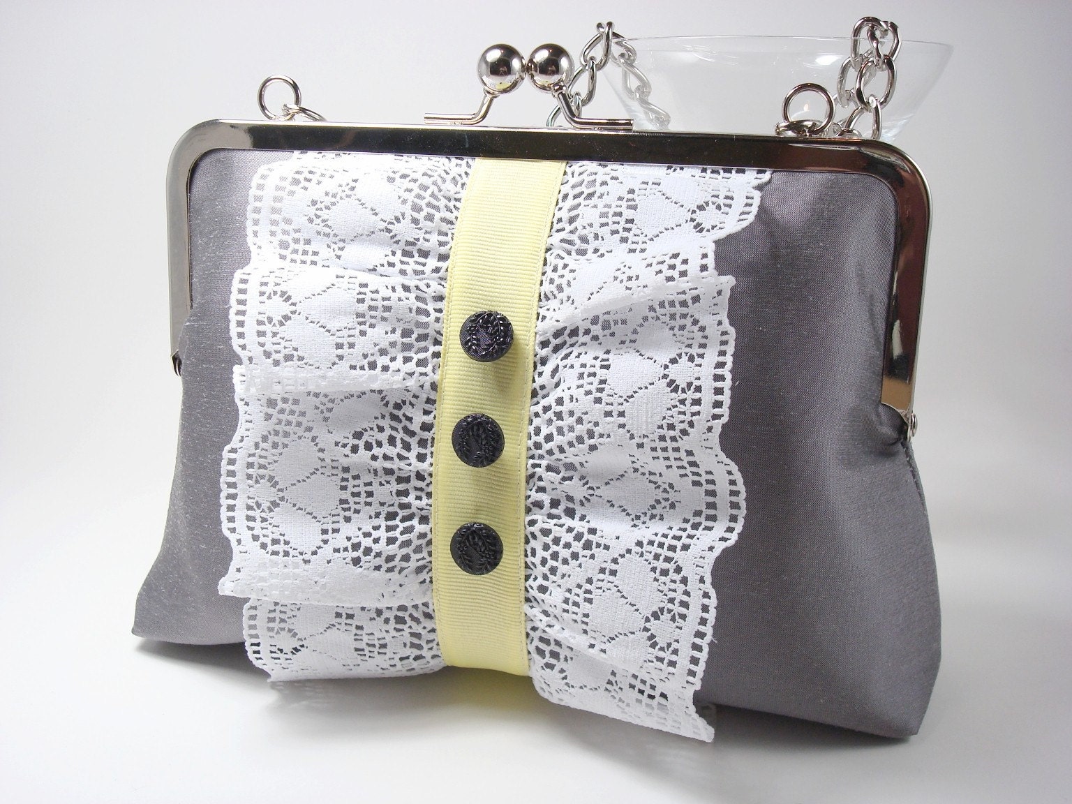 Pewter Silk Purse with Lace and Yellow Ribbon- The Georgina