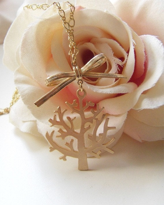 The Giving Tree. Whimsical vintage tree charm with dainty brass ribbon necklace