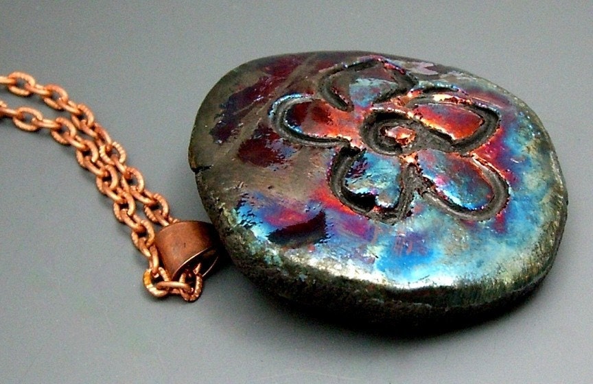 Raku Flower Pendant with Vintage Chain Raku Ceramic Jewelry by MAKUstudio