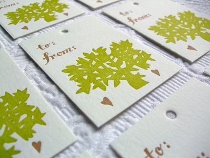 Letterpress Gift Tags. Green and Brown Tree. Set of 8.