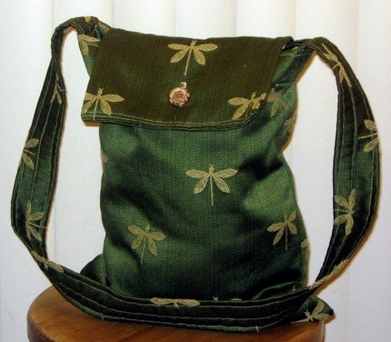 Green and Gold Dragonfly Hip Bag with Vintage Button Enclosure