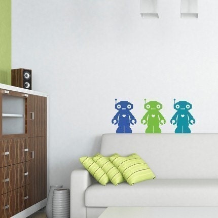 Set of 3 Colorful Robot Decals (Green, Blue and Turquoise)