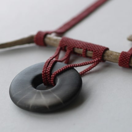 Atalanta - Artisan Necklace of Smoke-Fired Clay and Driftwood (3074)