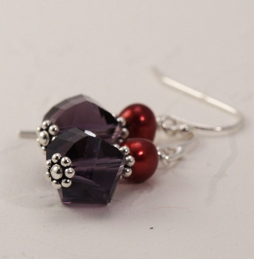 Purple and Ruby Sterling SIlver Pearl Earrings