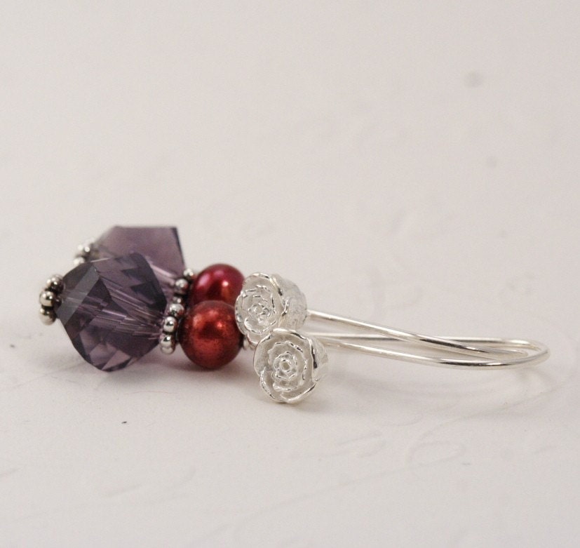 Purple and Ruby SIlver Rosebud Pearl Earrings