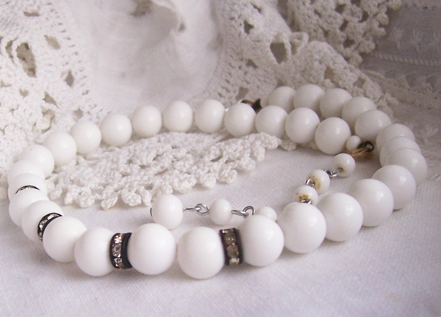 RESERVED - divapixie - Milky Rounds with a Wink - Vintage Milkglass and Rhinestone Necklace for Rescue or Bead Harvest