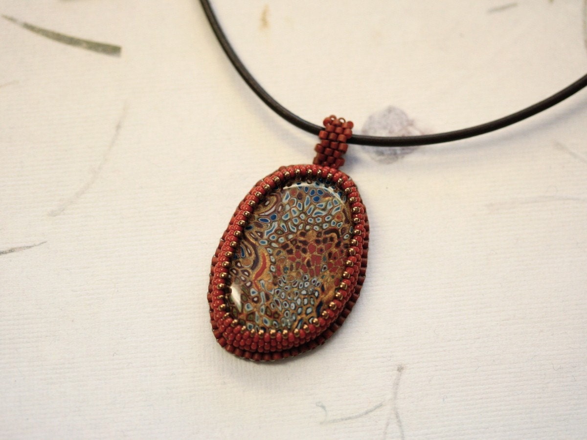 Handcrafted Polymer Cab and Bead Embroidered Pendant Necklace