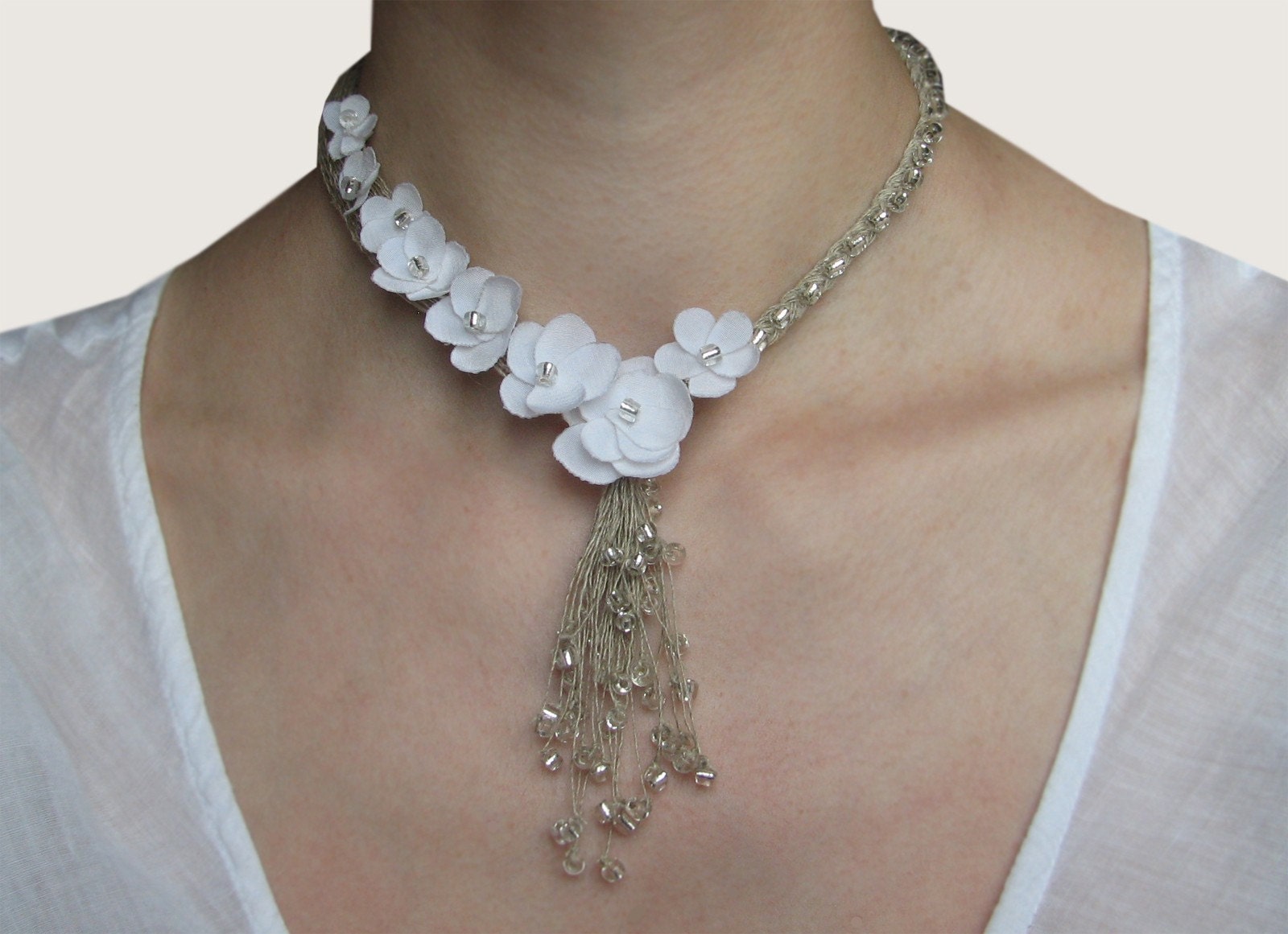 Organic Linen Thread Necklace.White flowers.