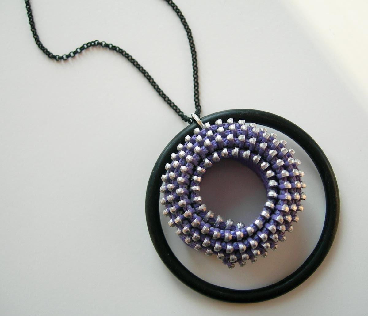 Lavender Vintage Zipper Tape Spiral Necklace with Matte Black Ring and Chain